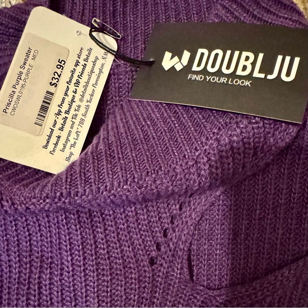 DoublJu Purple Cut Out Sweater Medium Sexy Chic Cozy Knit NWT - Picture 5 of 7